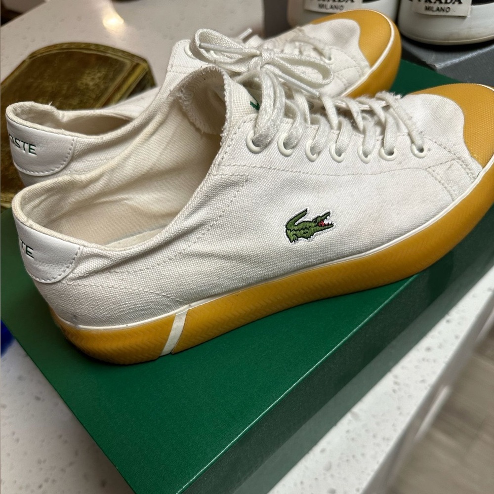 Lacoste White Canvas Sneakers with Yellow Soles - Picture 2 of 4